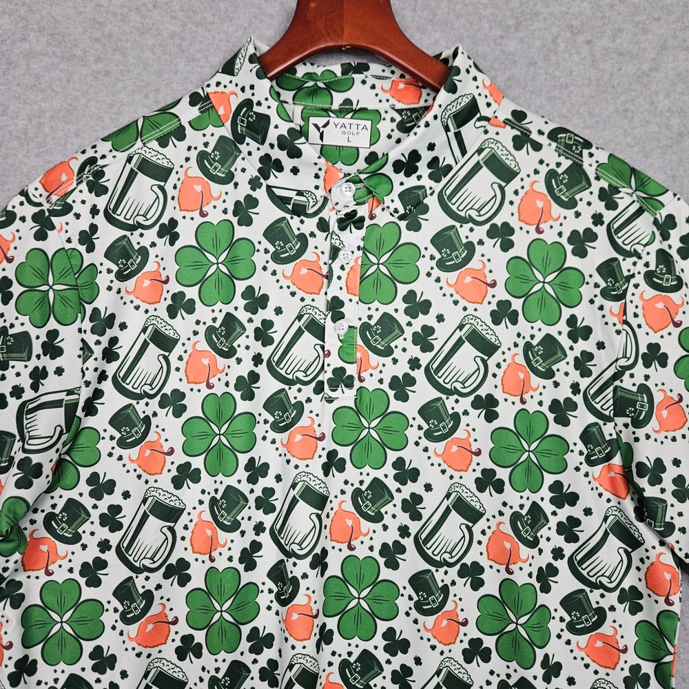 Yatta Golf Mens Sz L Leprechaun Luck Polo Shirt Green Clover St Patricks Day New